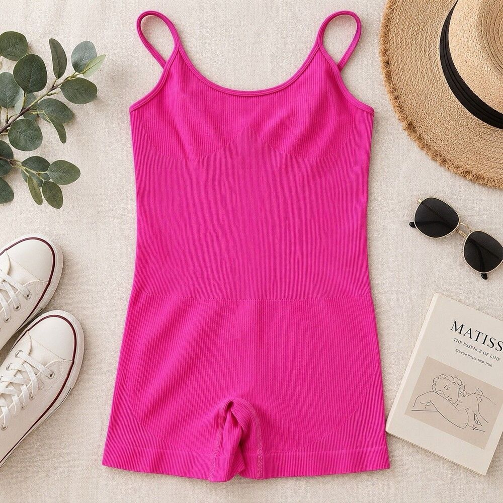 OQQ Womens M Hot Pink Ribbed Seamless Spaghetti Strap Yoga Romper Shorts